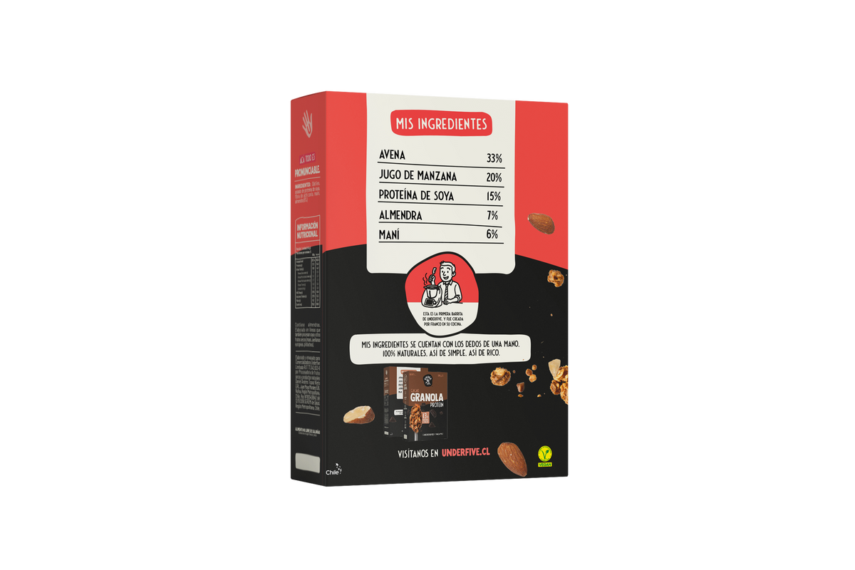Ingredientes de Granola Proteica Almendra Underfive: avena, jugo de manzana, proteína de soya, almendra y maní. 100% naturales, elaborado en Chile