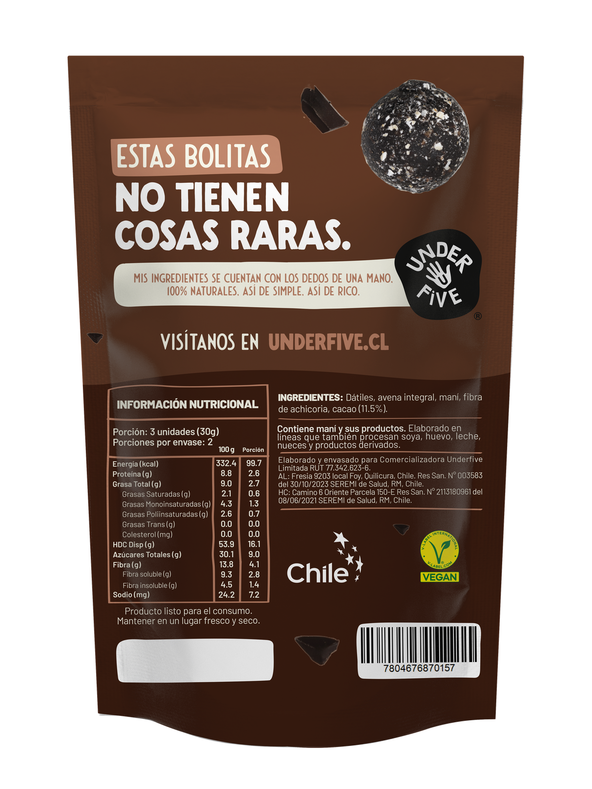 Tabla de información nutricional y lista de ingredientes de Snack Balls Underfive sabor Cacao: dátiles, avena integral, maní, fibra de achicoria y cacao. Producto vegano, hecho en Chile