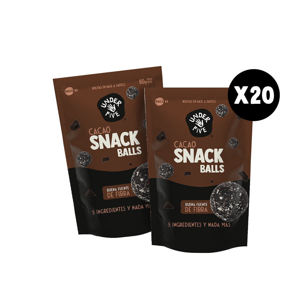 Pack x20 Snack Balls Underfive sabor Cacao, buena fuenta de fibra , bolitas en base a dátiles, 5 ingredientes y nada más