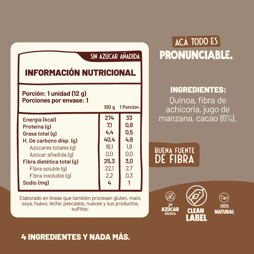 Tabla de información nutricional y lista de ingredientes de Barrita de Cereal Underfive sabor Cacao: quinoa, fibra de achicoria, jugo de manzana y cacao. Sin azúcar añadida, buena fuente de fibra, clean label