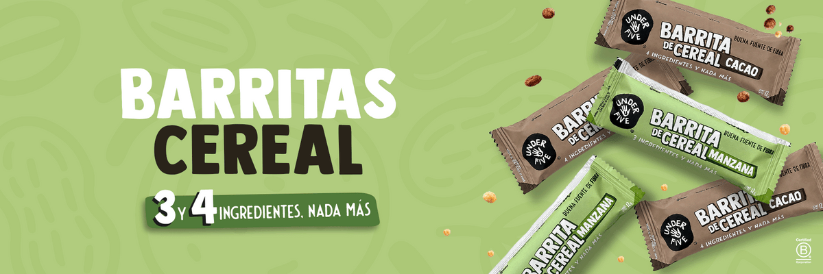 Barritas de Cereal Underfive sabor Cacao y Manzana, entre 3 y 4 ingredientes, nada más — buena fuente de fibra