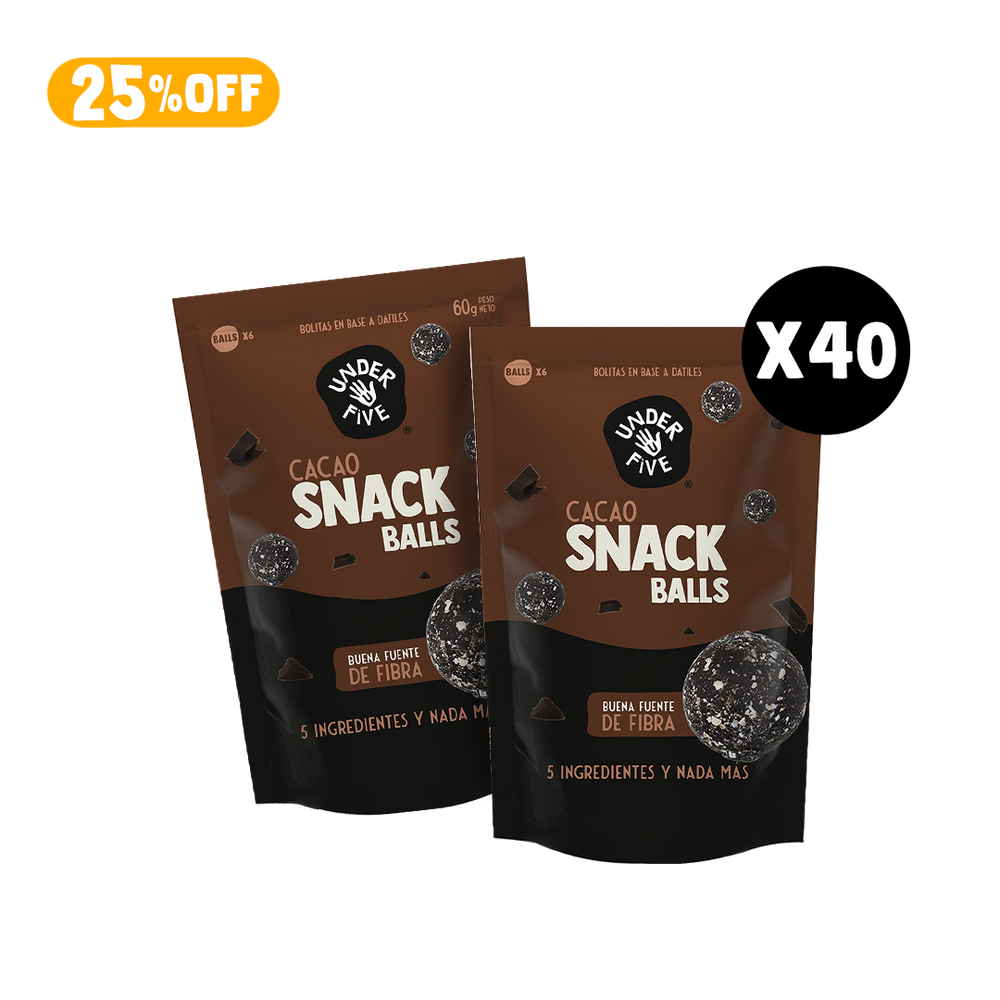 Snack Balls Underfive sabor Cacao: 5 ingredientes, dátiles, cacao, avena integral, fibra de achicoria y maní. Buena fuente de fibra, Empresa B certificada