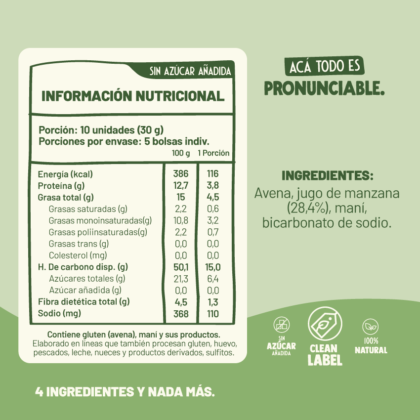 Tabla de información nutricional y lista de ingredientes de Cookies Underfive sabor Manzana