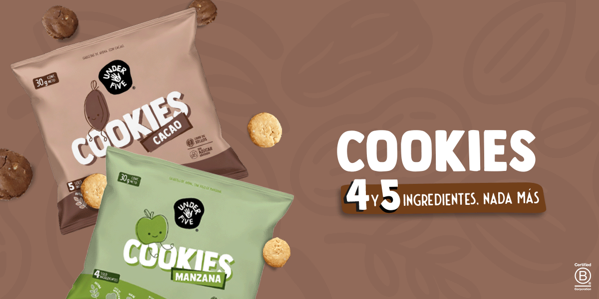 Cookies Underfive sabor Cacao y Manzana, galletas de avena, entre 4 y 5 ingredientes, nada más, sin azúcar añadida, libre de sellos