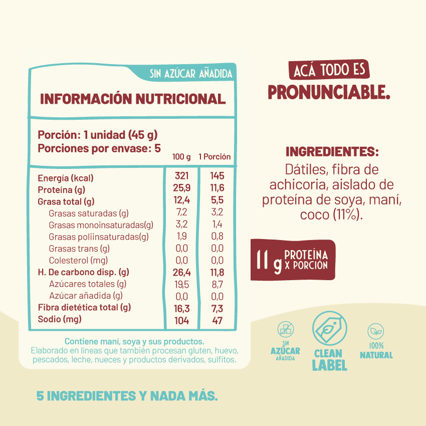 Tabla de información nutricional y lista de ingredientes de Barrita de Proteína Underfive sabor Coco: dátiles, proteína aislada de soya, maní, fibra de achicoria y coco. 11g de proteína por porción, sin azúcar añadida, clean label