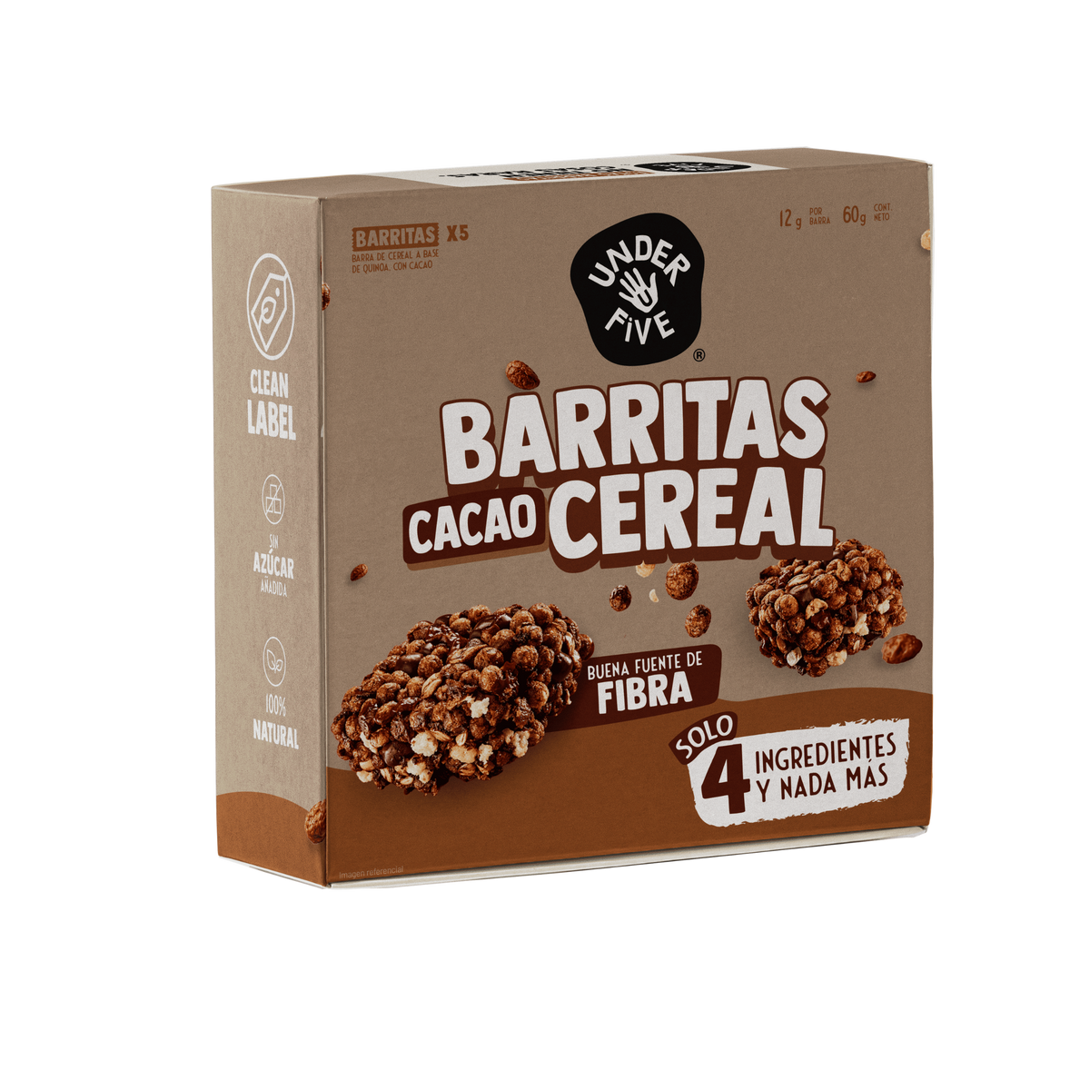 Barritas de Cereal Underfive sabor Cacao, caja x5 unidades, solo 4 ingredientes, clean label, sin azúcar añadida, buena fuente de fibra.