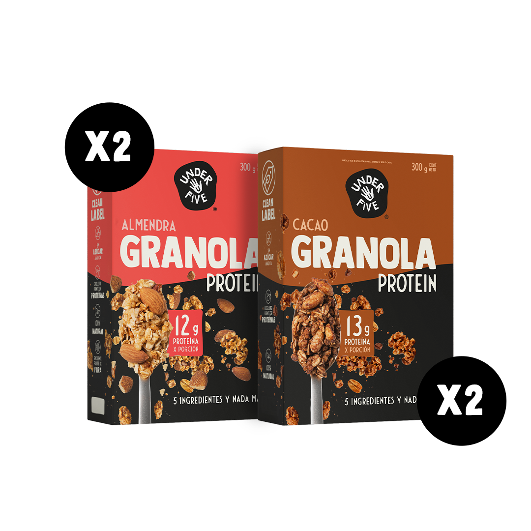 Pack x2 Granola Protein Underfive sabor Almendra (12g proteína) y x2 sabor Cacao (13g proteína), 5 ingredientes, clean label, sin azúcar añadida