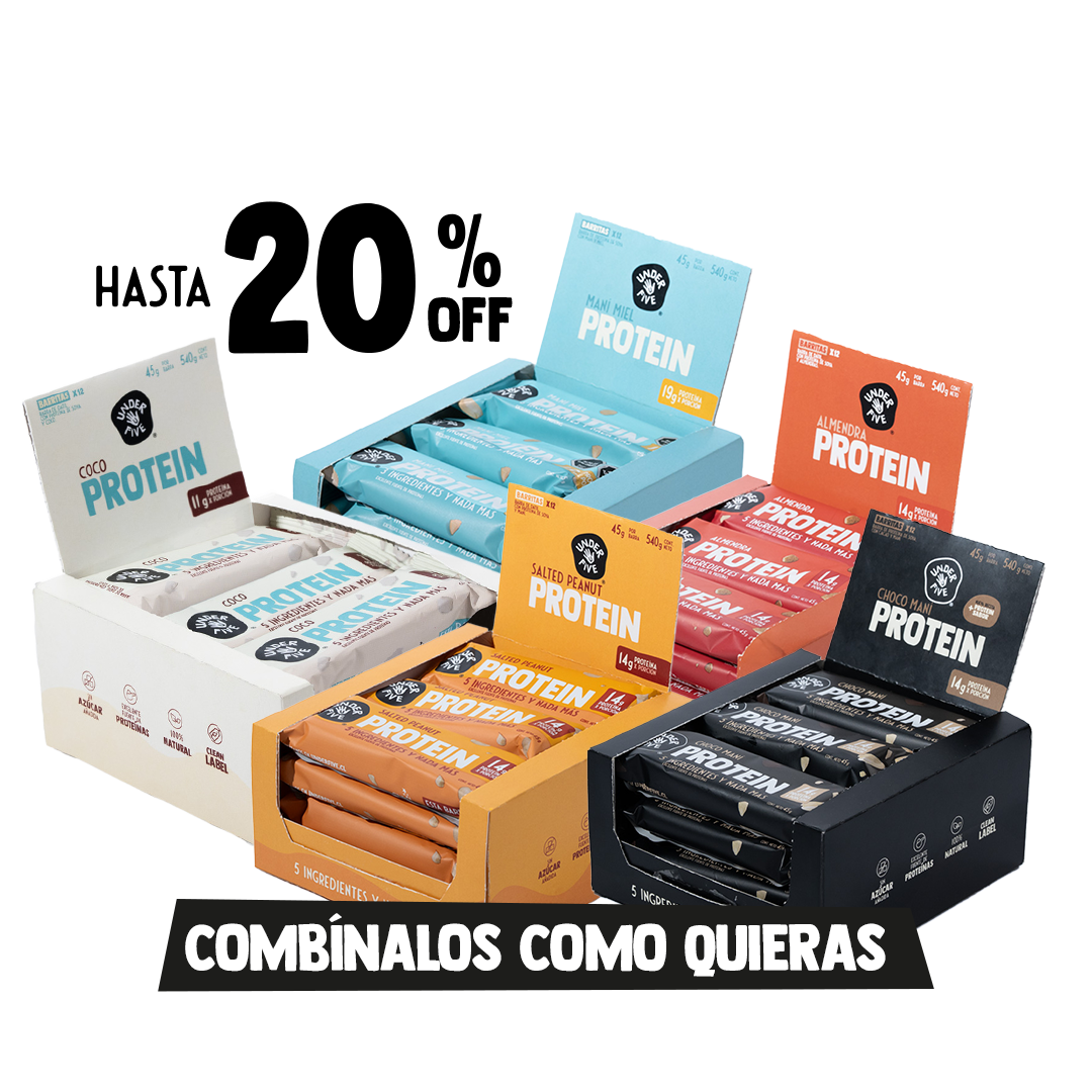 Displays x12 Barritas de Proteína Underfive en 5 sabores: Coco (11g proteína), Maní Miel (19g proteina), Almendra (14g proteina), Salted Peanut (14g proteina) y Choco Maní (14g proteina), maximo 5 ingredientes cada una