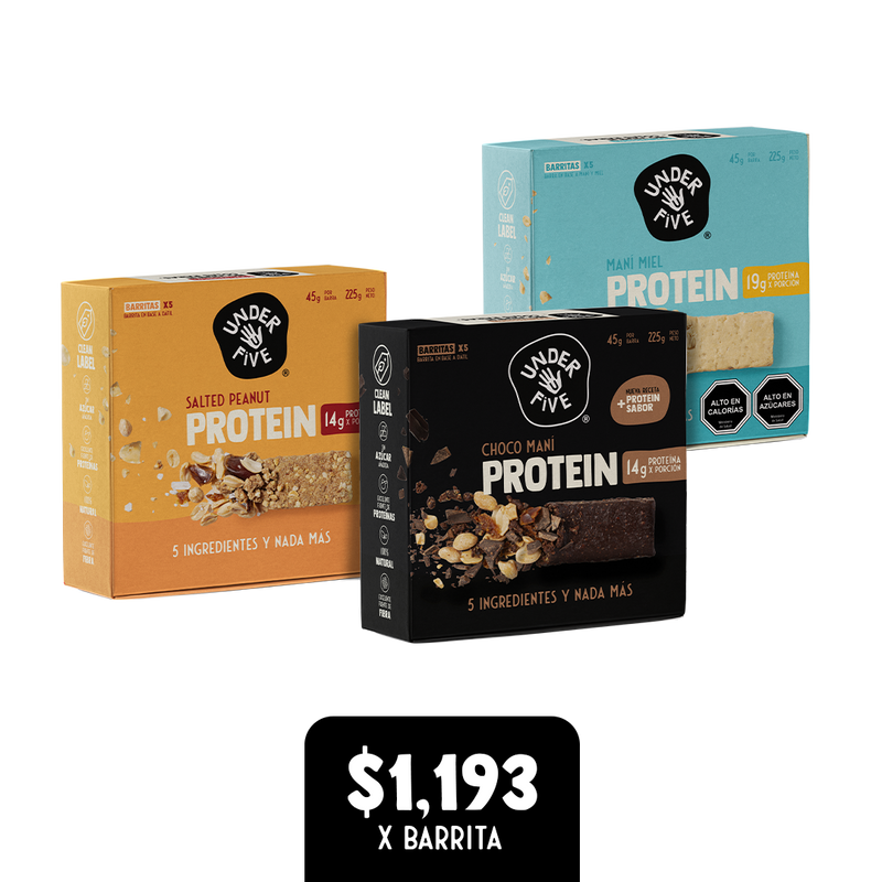 Pack Puro Maní x15: Barritas de Proteína Salted Peanut, Maní Miel y Choco Maní