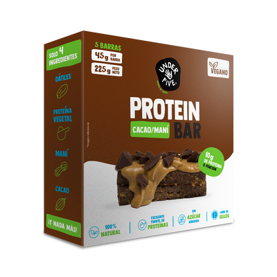 Caja Barrita de Proteína Underfive sabor Cacao Mani x5 unidades (45g cada una), 10g de proteína por porción, excelente fuente de proteína y fibra, sin azúcar añadida