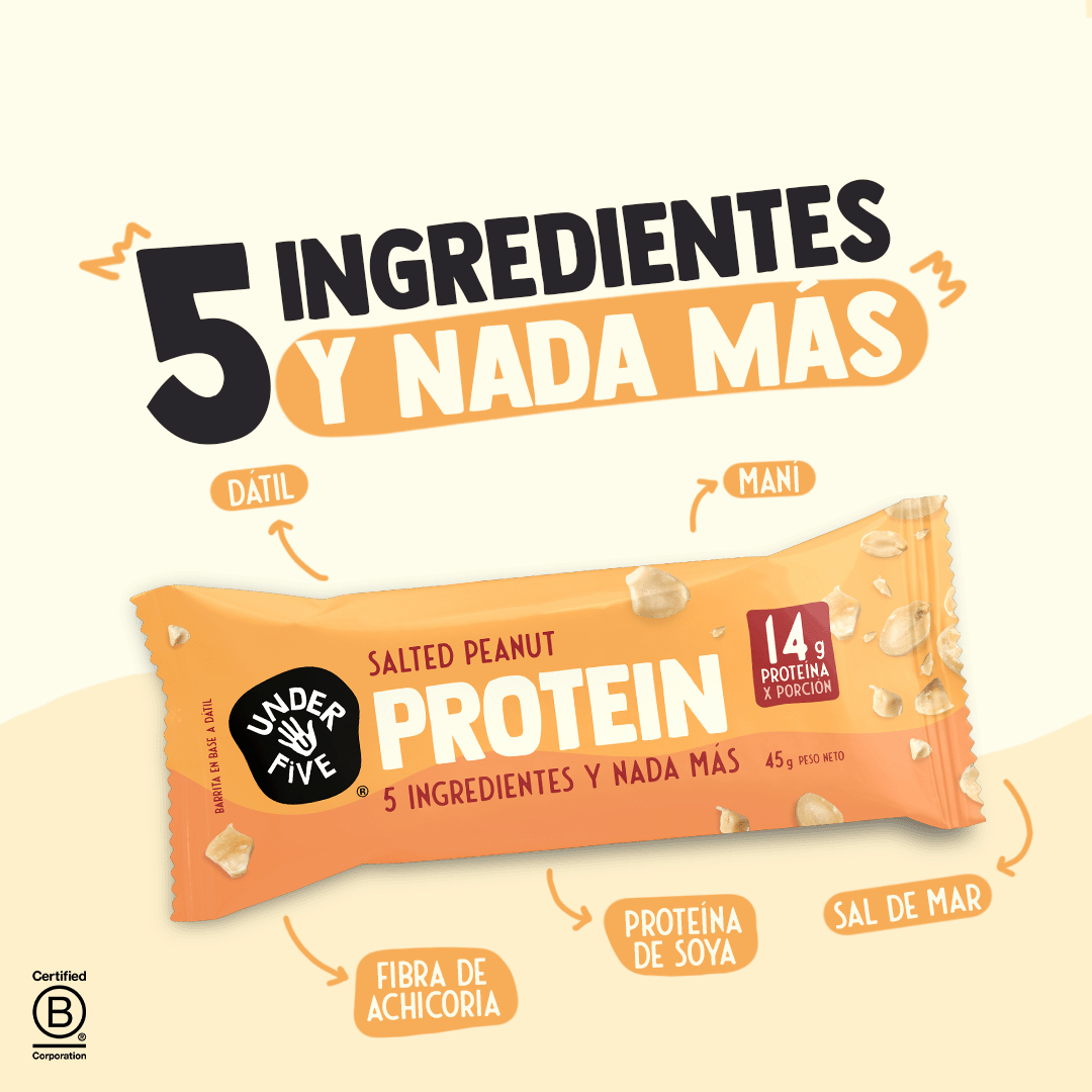 Barrita de Proteína Underfive sabor Salted Peanut, 14g de proteína por porción, 5 ingredientes: dátil, maní, proteína de soya, fibra de achicoria y sal de mar, Empresa B certificada