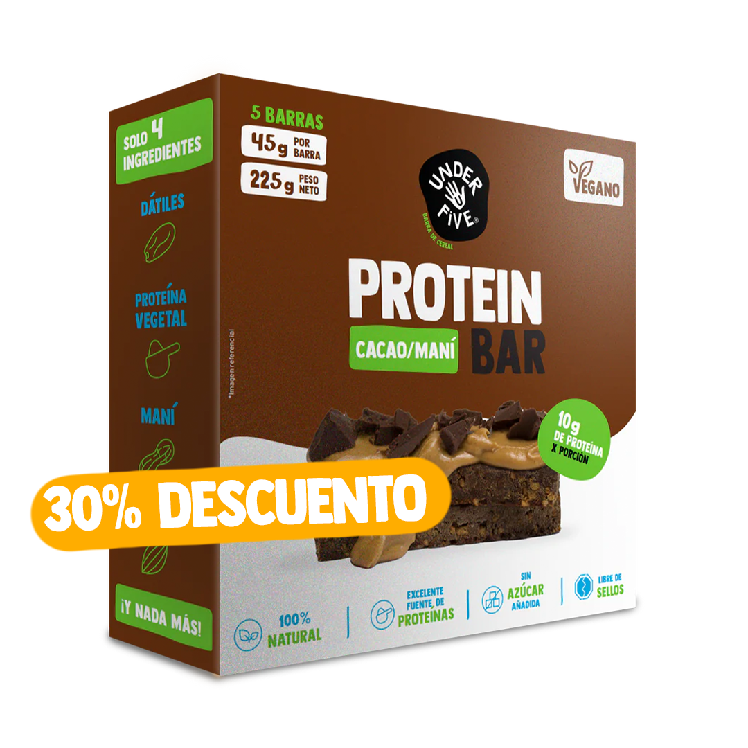 Caja Barrita de Proteína Underfive sabor Cacao Maní x5 unidades (45g cada una), 10g de proteína por porción, excelente fuente de proteína, sin azúcar añadida, en oferta"