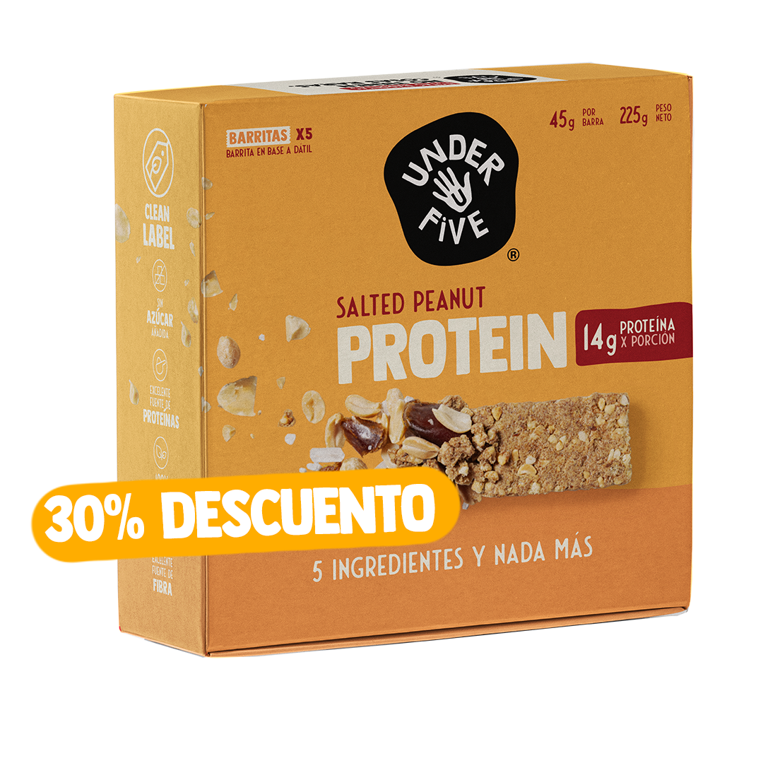 Caja Barrita de Proteína Underfive sabor Salted Peanut, x5 unidades (45g cada una), 14g de proteína por porción, excelente fuente de proteína y fibra, sin azúcar añadida, en oferta