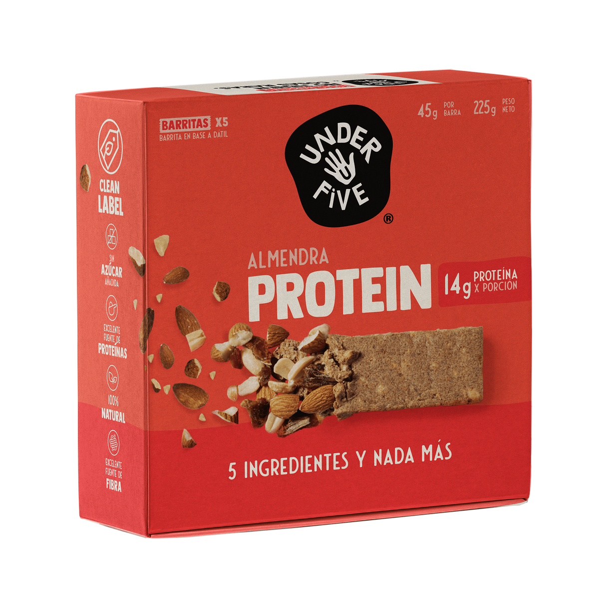Caja Barrita de Proteína Underfive sabor Almendra, x5 unidades (45g cada una), 14g de proteína por porción, excelente fuente de proteína y fibra, sin azúcar añadida, clean label