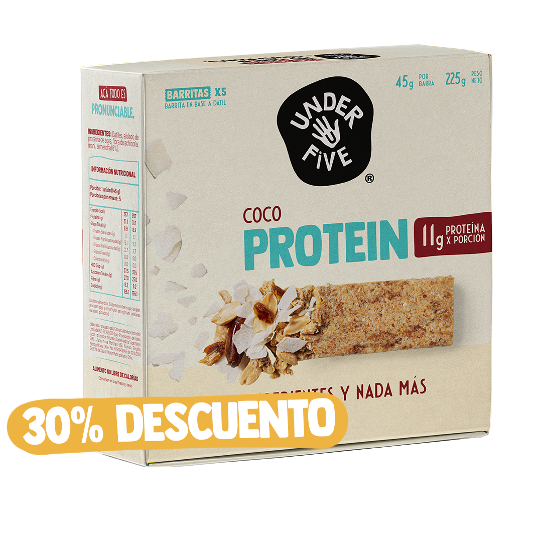 Caja Barrita de Proteína Underfive sabor Coco, x5 unidades (45g cada una), 11g de proteína por porción, 5 ingredientes: dátiles, proteína de soya, fibra de achicoria, maní y almendra en oferta